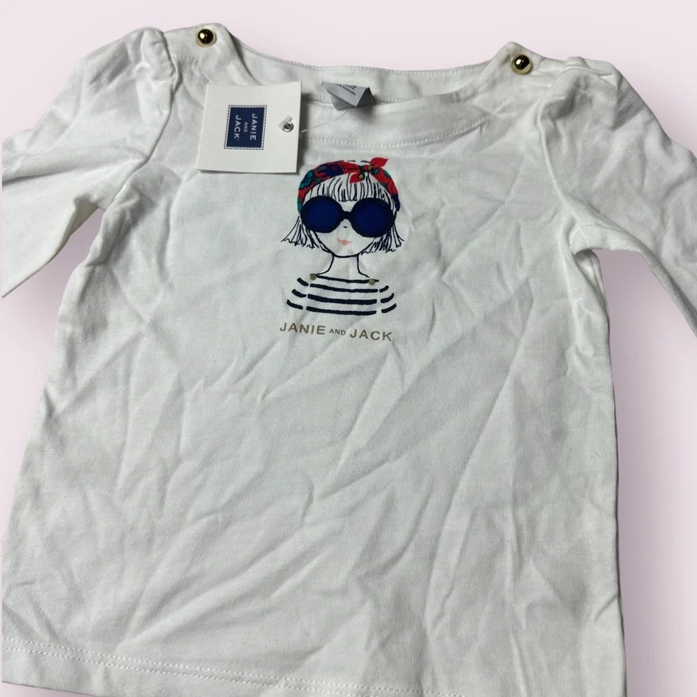 NWT Baby Janie And Jack Girl In Sunglasses White 3/4 Sleeve Top Gold Accents